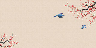 土黄色画布纹理中国风水墨梅花喜鹊元素春天花鸟展板背景